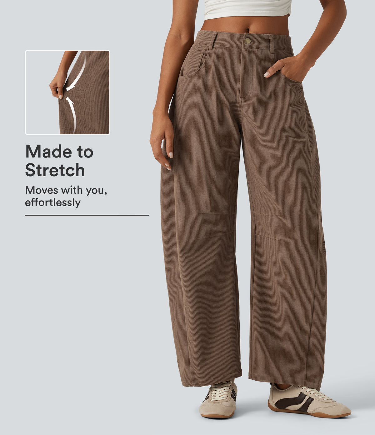 Mid Rise Barrel Leg Corduroy Casual Trousers with Pockets — Burnt Caramel — view 1