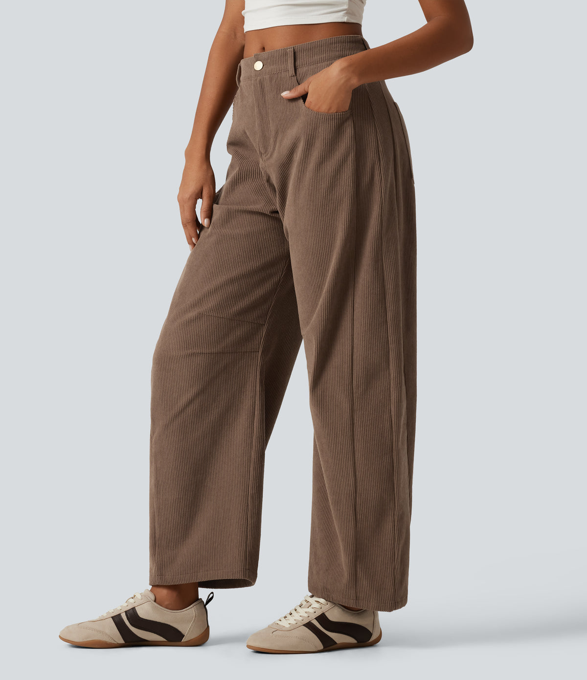 Mid Rise Barrel Leg Corduroy Casual Trousers with Pockets — Burnt Caramel — view 3