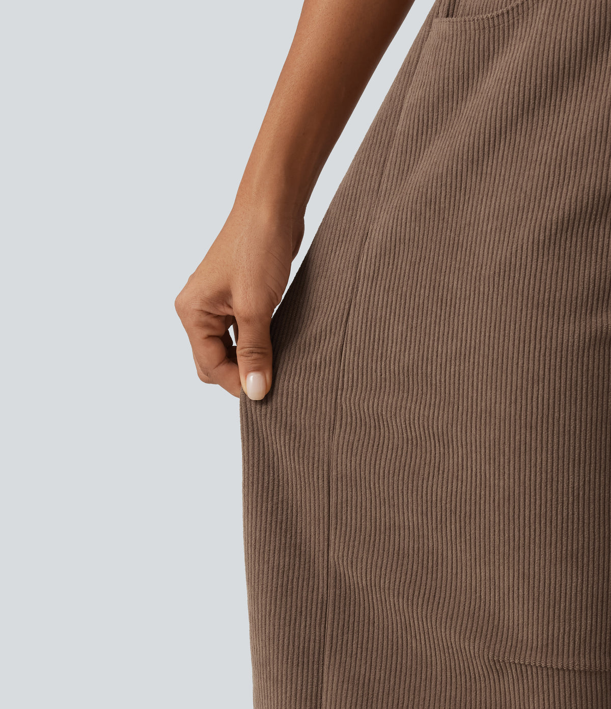 Mid Rise Barrel Leg Corduroy Casual Trousers with Pockets — Burnt Caramel — view 7