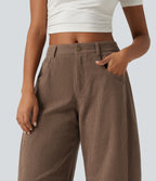 Mid Rise Barrel Leg Corduroy Casual Trousers with Pockets — Burnt Caramel — view 4