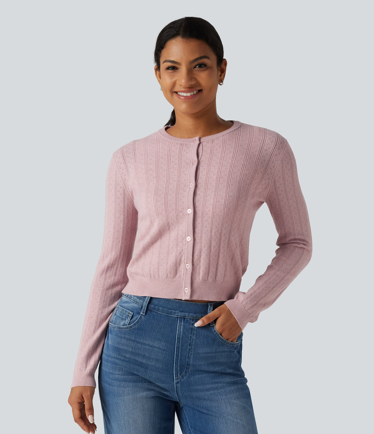 Round Neck Long Sleeve Work Cardigan — Pale Lilac — view 1