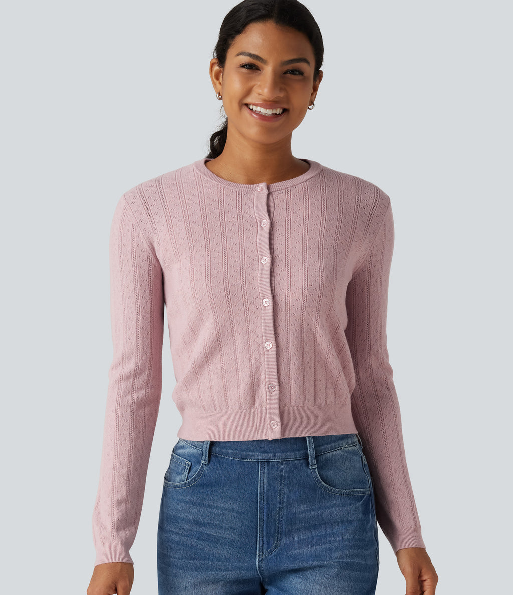 Round Neck Long Sleeve Work Cardigan — Pale Lilac — view 6