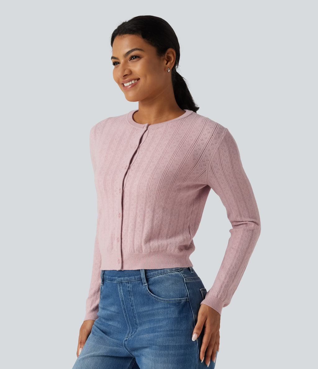 Round Neck Long Sleeve Work Cardigan — Pale Lilac — view 3