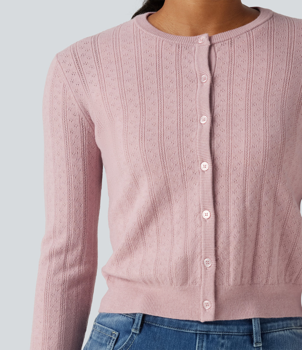 Round Neck Long Sleeve Work Cardigan — Pale Lilac — view 4