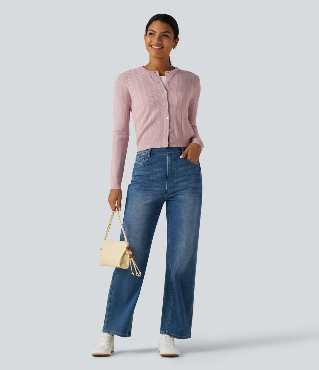 Round Neck Long Sleeve Work Cardigan — Pale Lilac — view 7