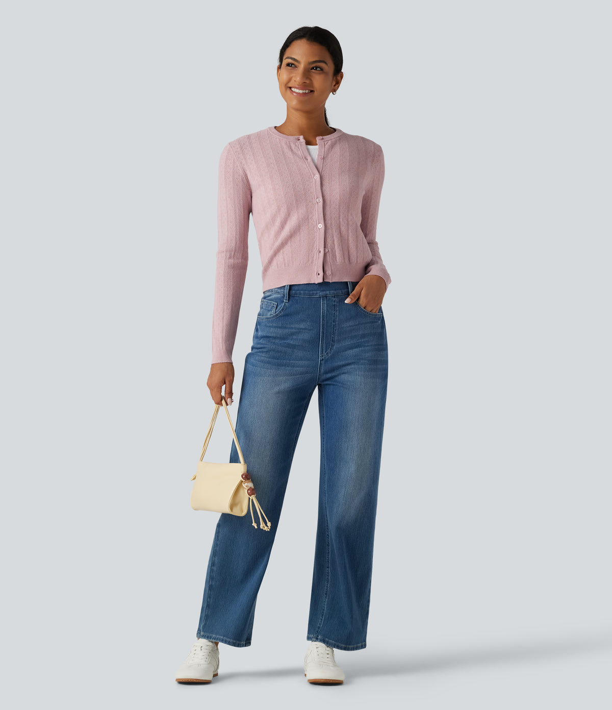 Round Neck Long Sleeve Work Cardigan — Pale Lilac — view 7