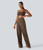 Flocked High Waisted Tummy Control Straight Leg Polka Dot Yoga Trousers with Pockets — Golden Brown Dot — view 7