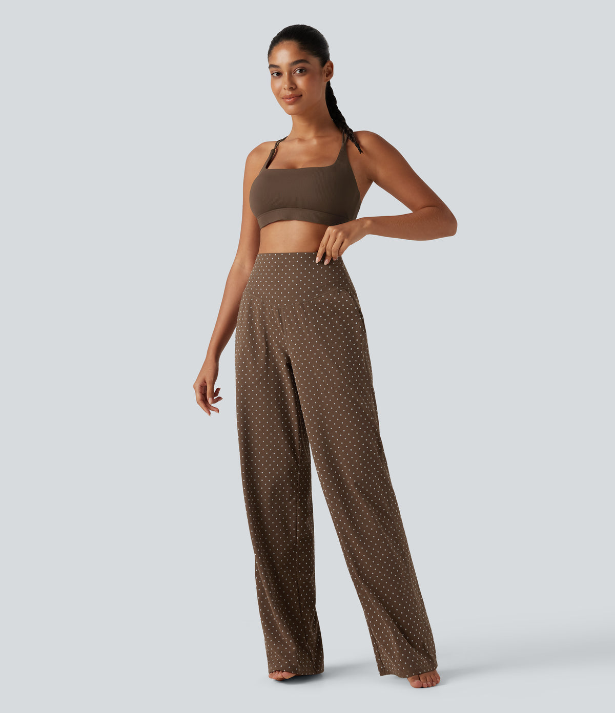 Flocked High Waisted Tummy Control Straight Leg Polka Dot Yoga Trousers with Pockets — Golden Brown Dot — view 7