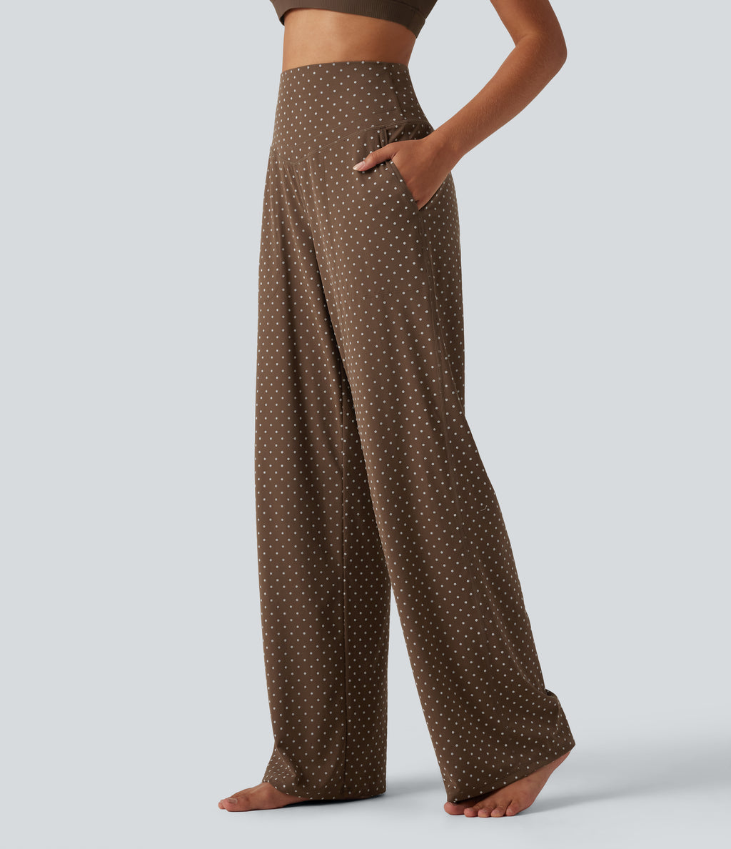 Flocked High Waisted Tummy Control Straight Leg Polka Dot Yoga Trousers with Pockets — Golden Brown Dot — view 3