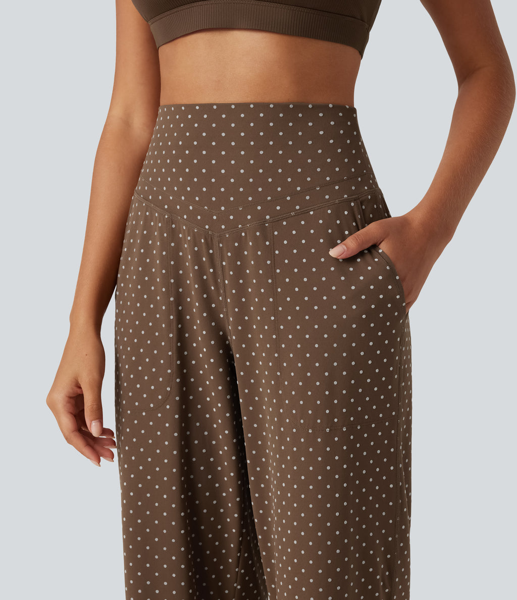 Flocked High Waisted Tummy Control Straight Leg Polka Dot Yoga Trousers with Pockets — Golden Brown Dot — view 5
