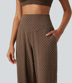 Flocked High Waisted Tummy Control Straight Leg Polka Dot Yoga Trousers with Pockets — Golden Brown Dot — view 5