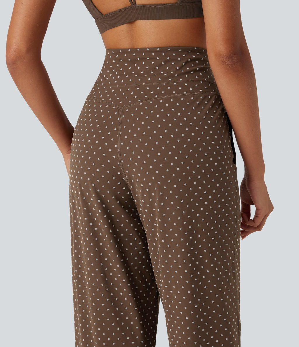 Flocked High Waisted Tummy Control Straight Leg Polka Dot Yoga Trousers with Pockets — Golden Brown Dot — view 4