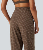 Flocked High Waisted Tummy Control Straight Leg Polka Dot Yoga Trousers with Pockets — Golden Brown Dot — view 4