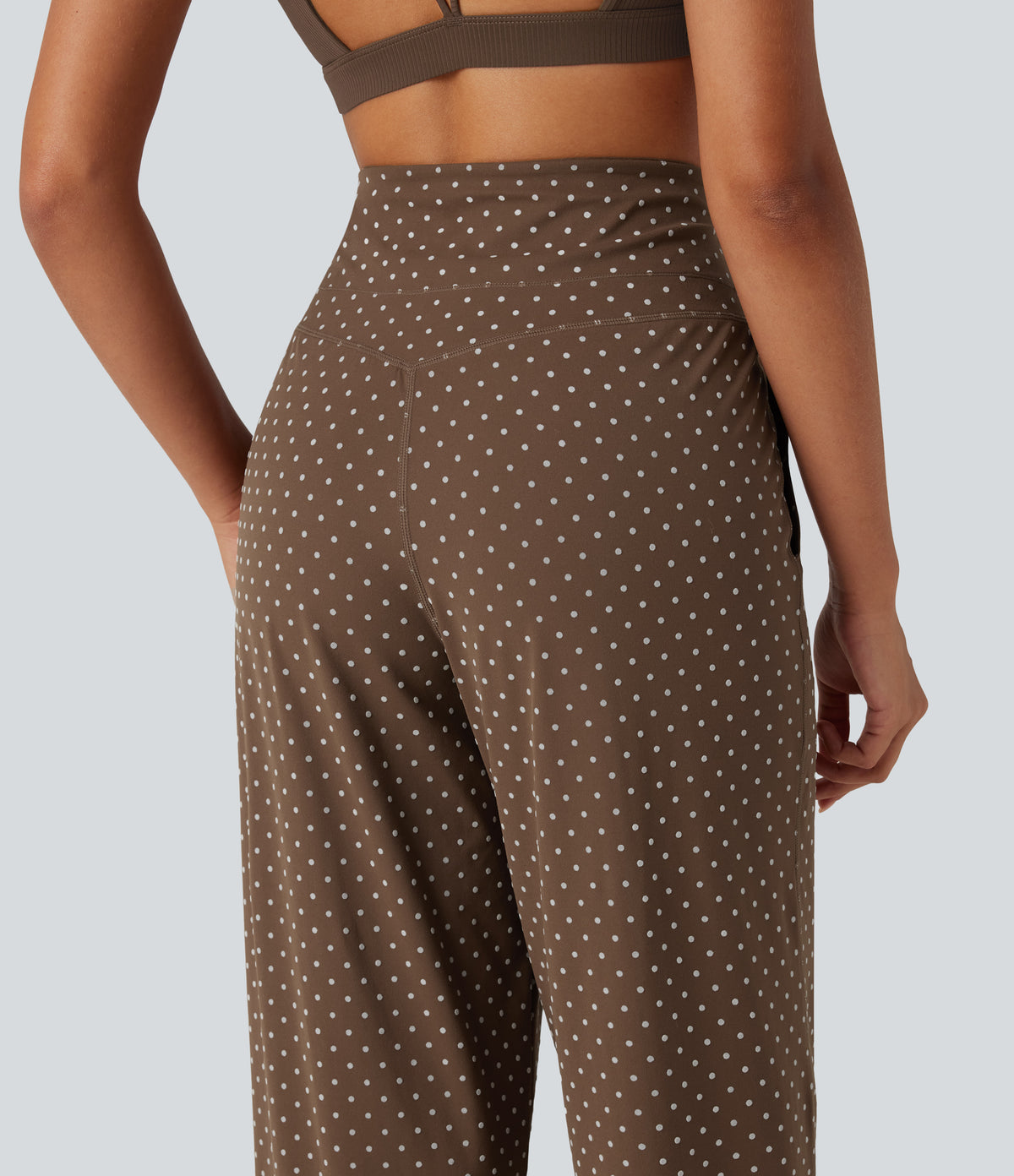 Flocked High Waisted Tummy Control Straight Leg Polka Dot Yoga Trousers with Pockets — Golden Brown Dot — view 4