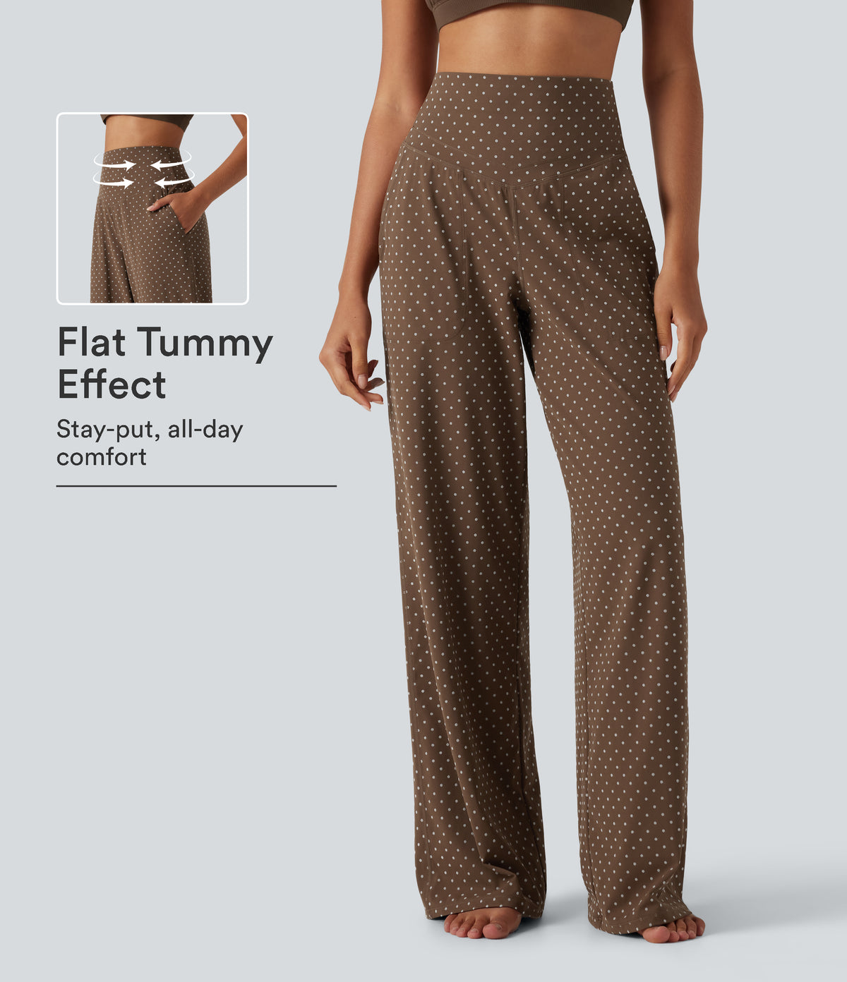 Flocked High Waisted Tummy Control Straight Leg Polka Dot Yoga Trousers with Pockets — Golden Brown Dot — view 1
