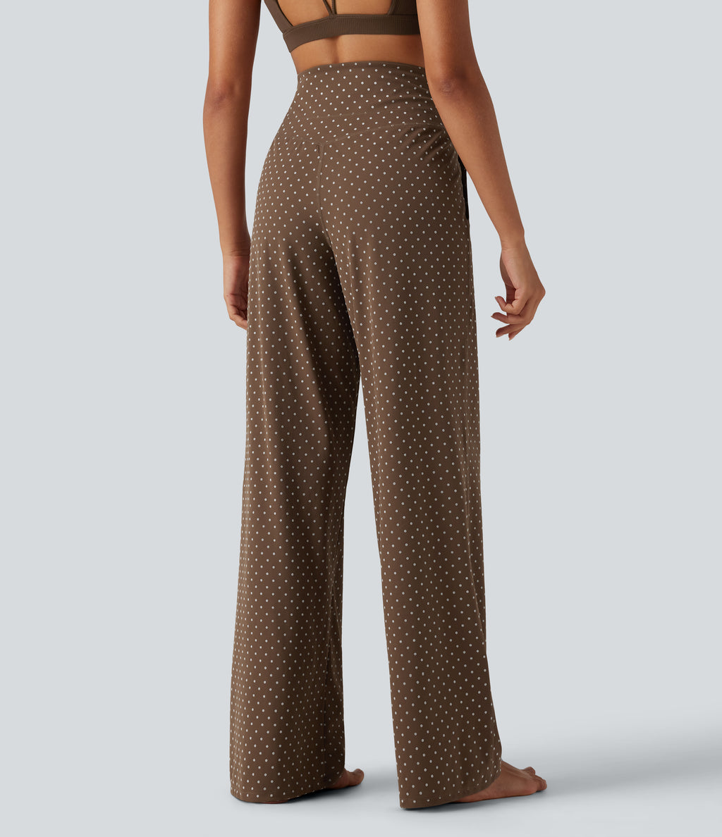 Flocked High Waisted Tummy Control Straight Leg Polka Dot Yoga Trousers with Pockets — Golden Brown Dot — view 2