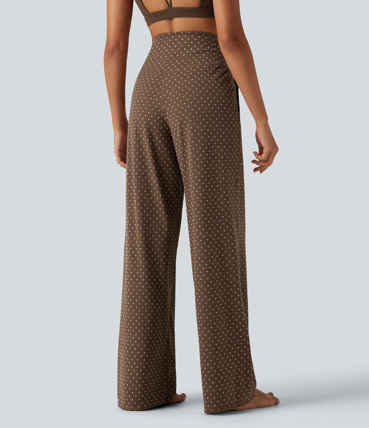 Flocked High Waisted Tummy Control Straight Leg Polka Dot Yoga Trousers with Pockets — Golden Brown Dot — view 2