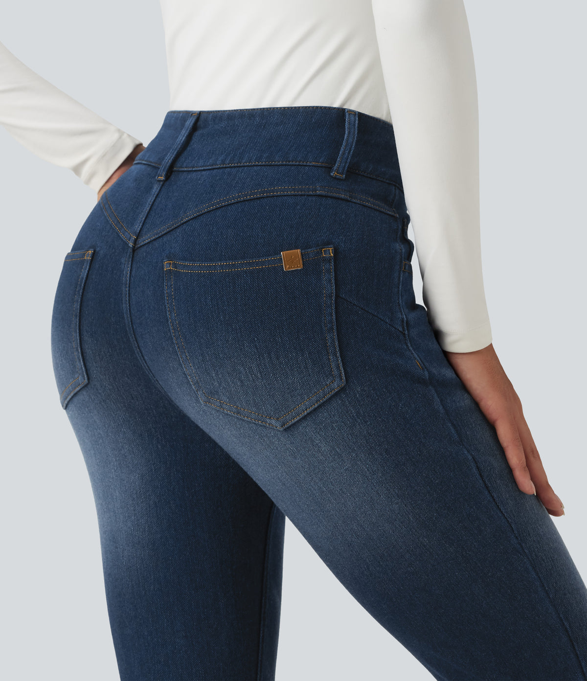 Denim Heat Mid Rise Skinny Fleece Casual Jeans with Pockets — Pageant Blue Denim — view 3
