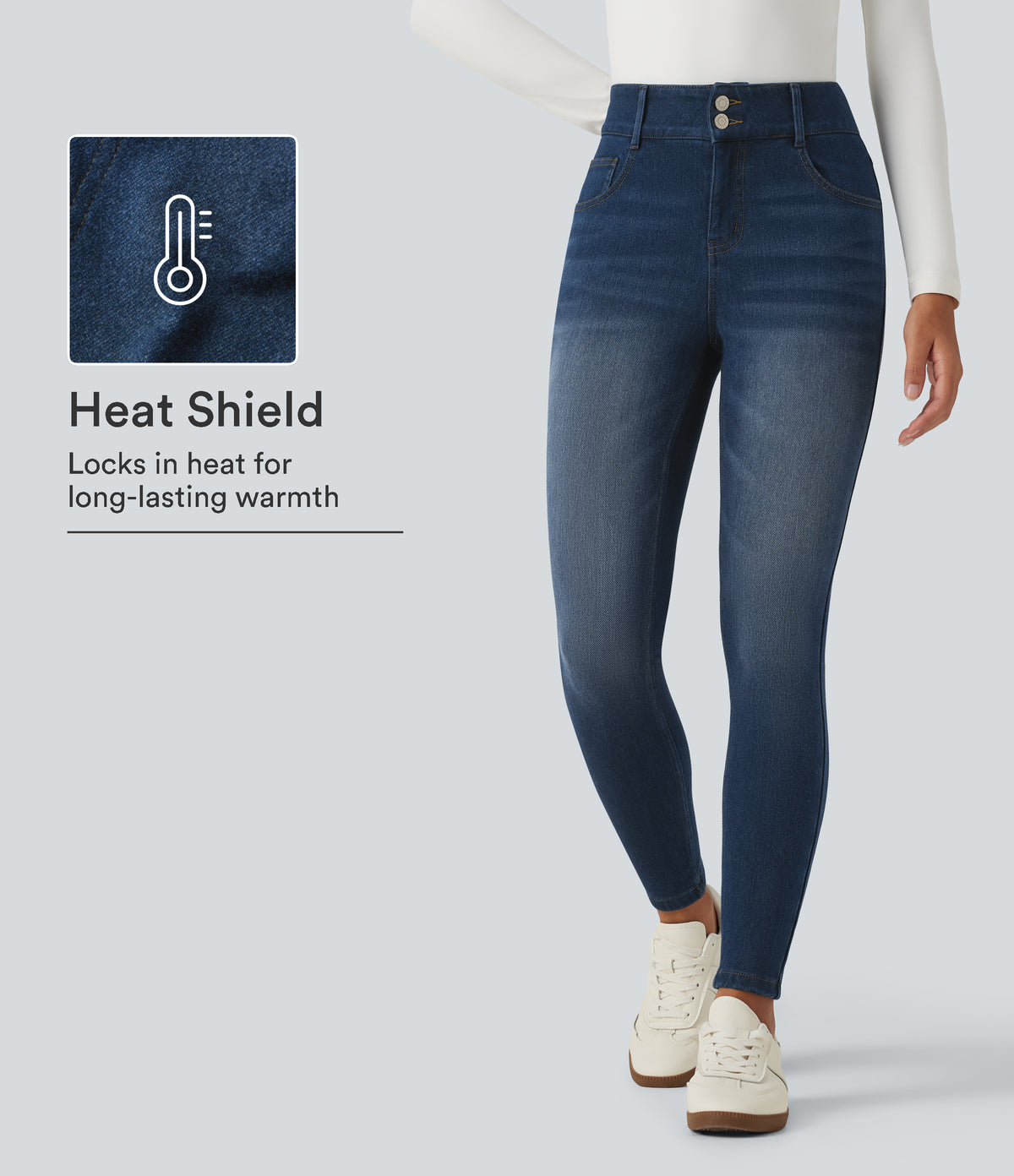 Denim Heat Mid Rise Skinny Fleece Casual Jeans with Pockets — Pageant Blue Denim — view 1