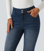 Denim Heat Mid Rise Skinny Fleece Casual Jeans with Pockets — Pageant Blue Denim — view 4