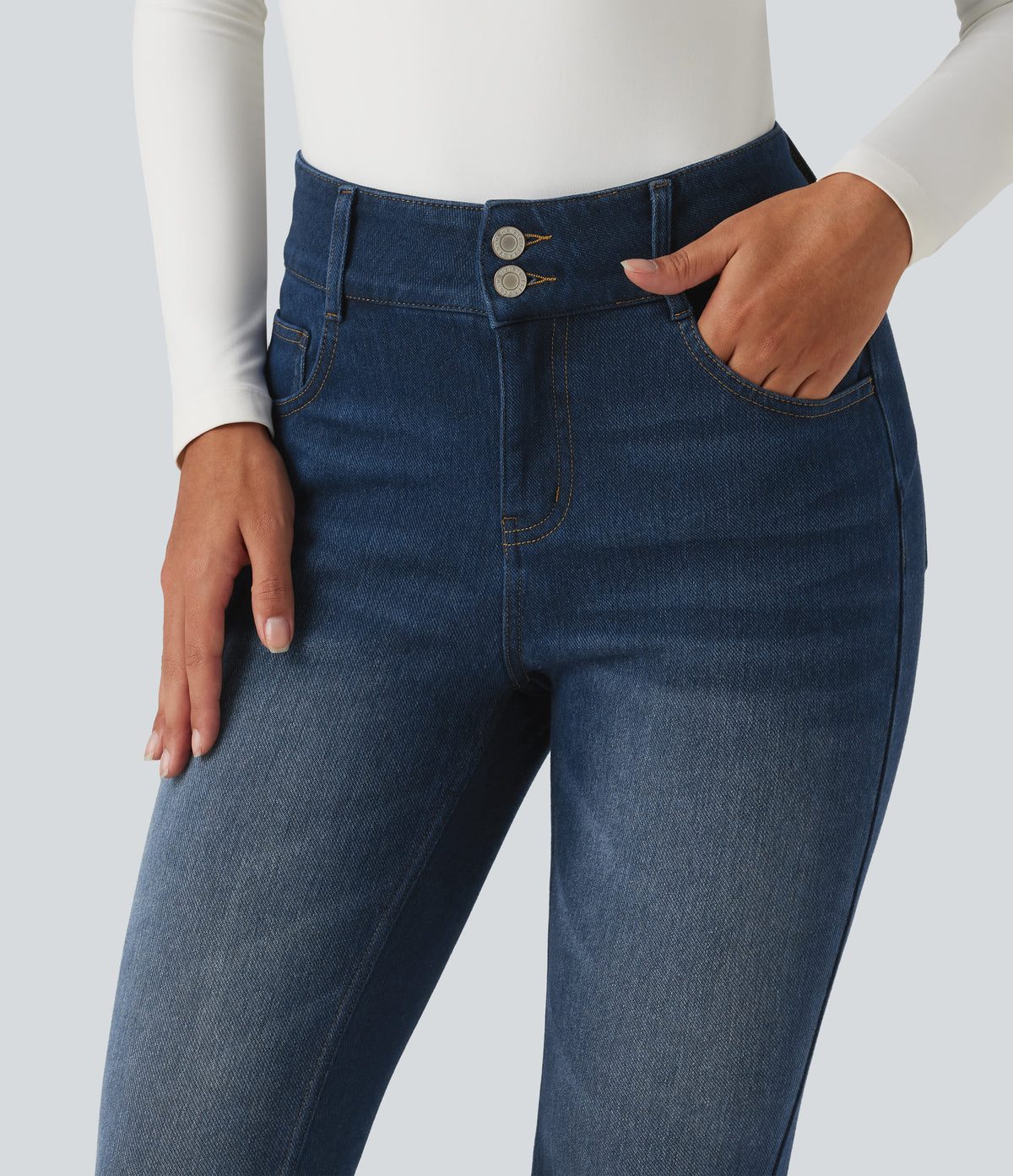 Denim Heat Mid Rise Skinny Fleece Casual Jeans with Pockets — Pageant Blue Denim — view 4