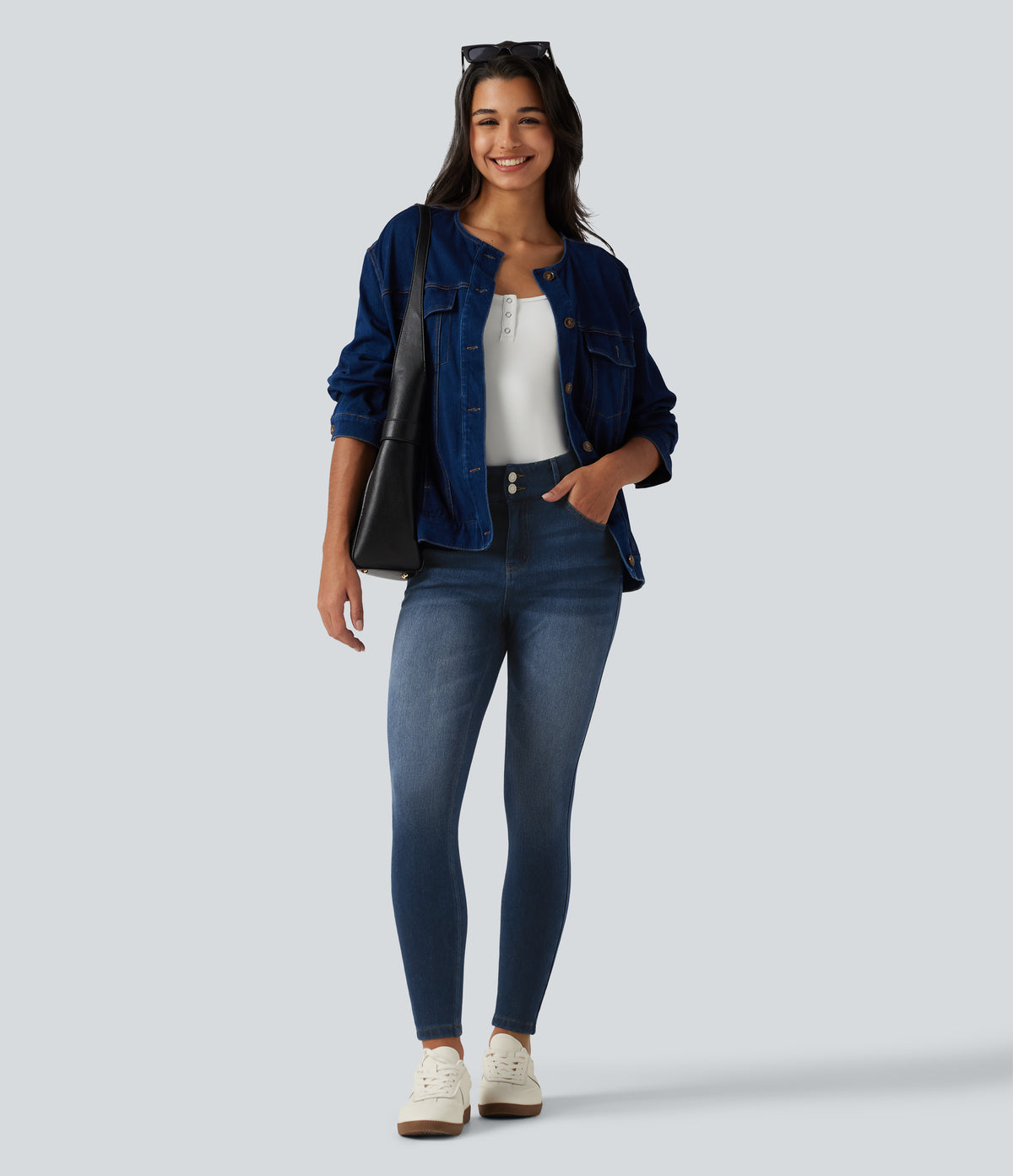 Denim Heat Mid Rise Skinny Fleece Casual Jeans with Pockets — Pageant Blue Denim — view 6