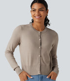 Round Neck Long Sleeve Button Fly Work Cardigan — Pale Khaki — view 4