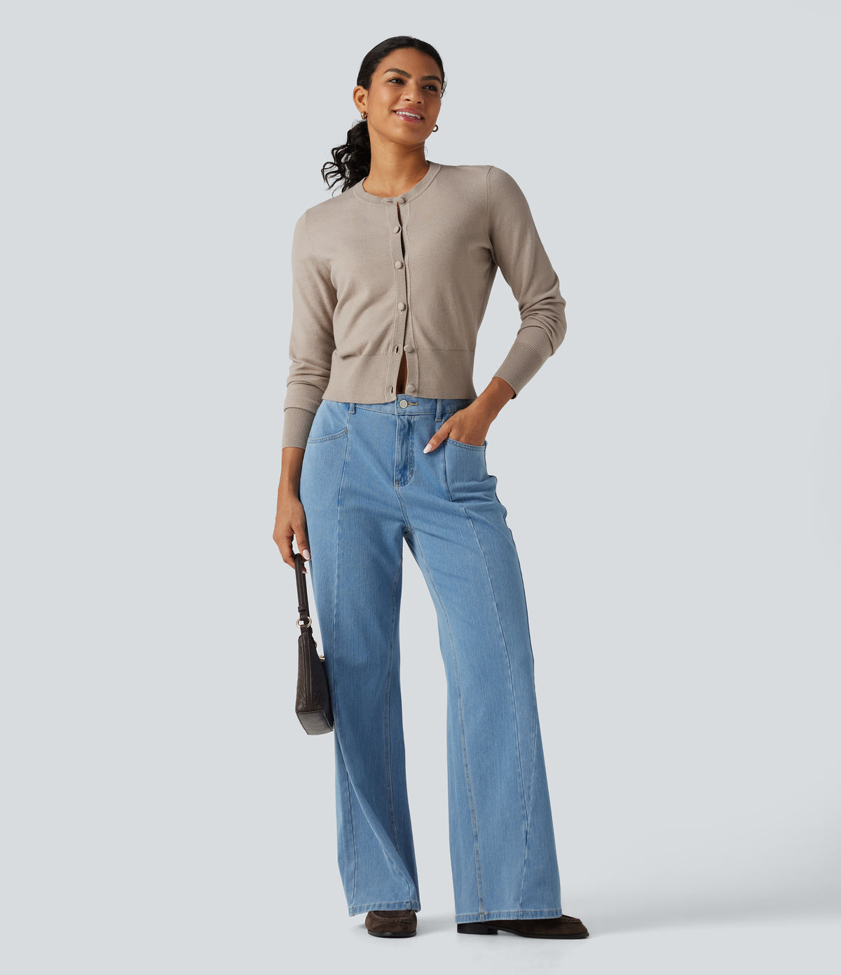 Round Neck Long Sleeve Button Fly Work Cardigan — Pale Khaki — view 6