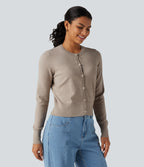 Round Neck Long Sleeve Button Fly Work Cardigan — Pale Khaki — view 3