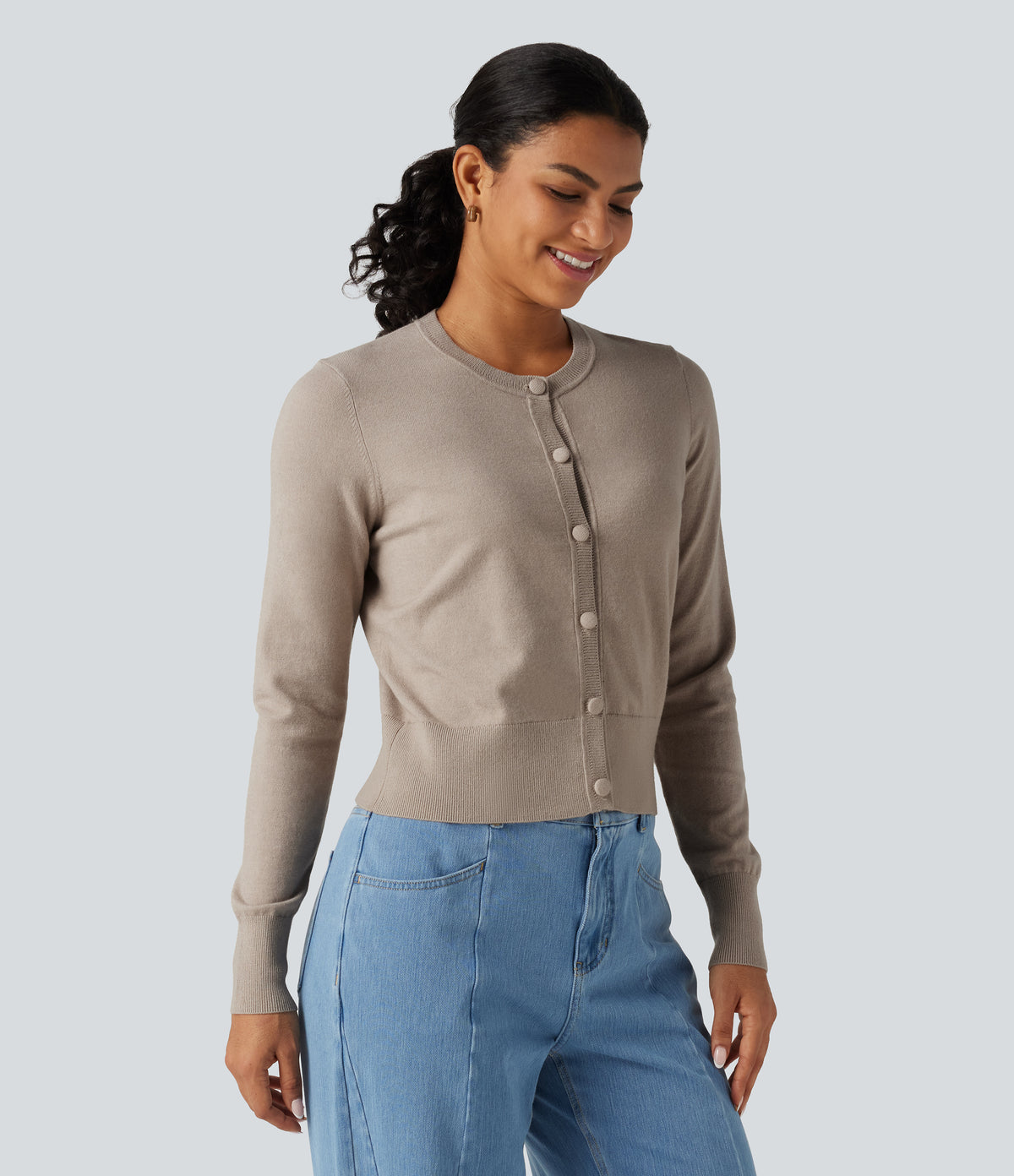 Round Neck Long Sleeve Button Fly Work Cardigan — Pale Khaki — view 3