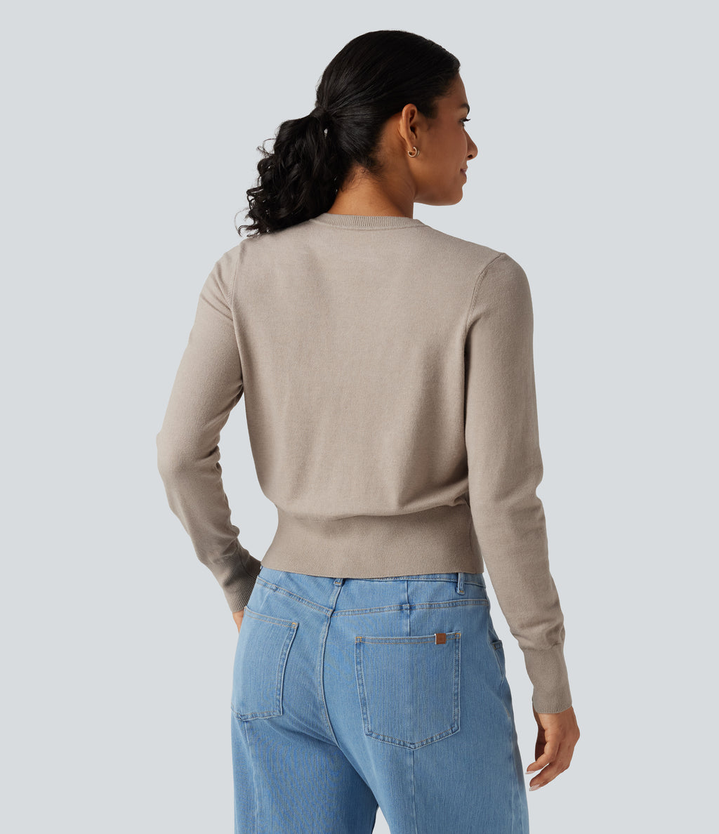 Round Neck Long Sleeve Button Fly Work Cardigan — Pale Khaki — view 2