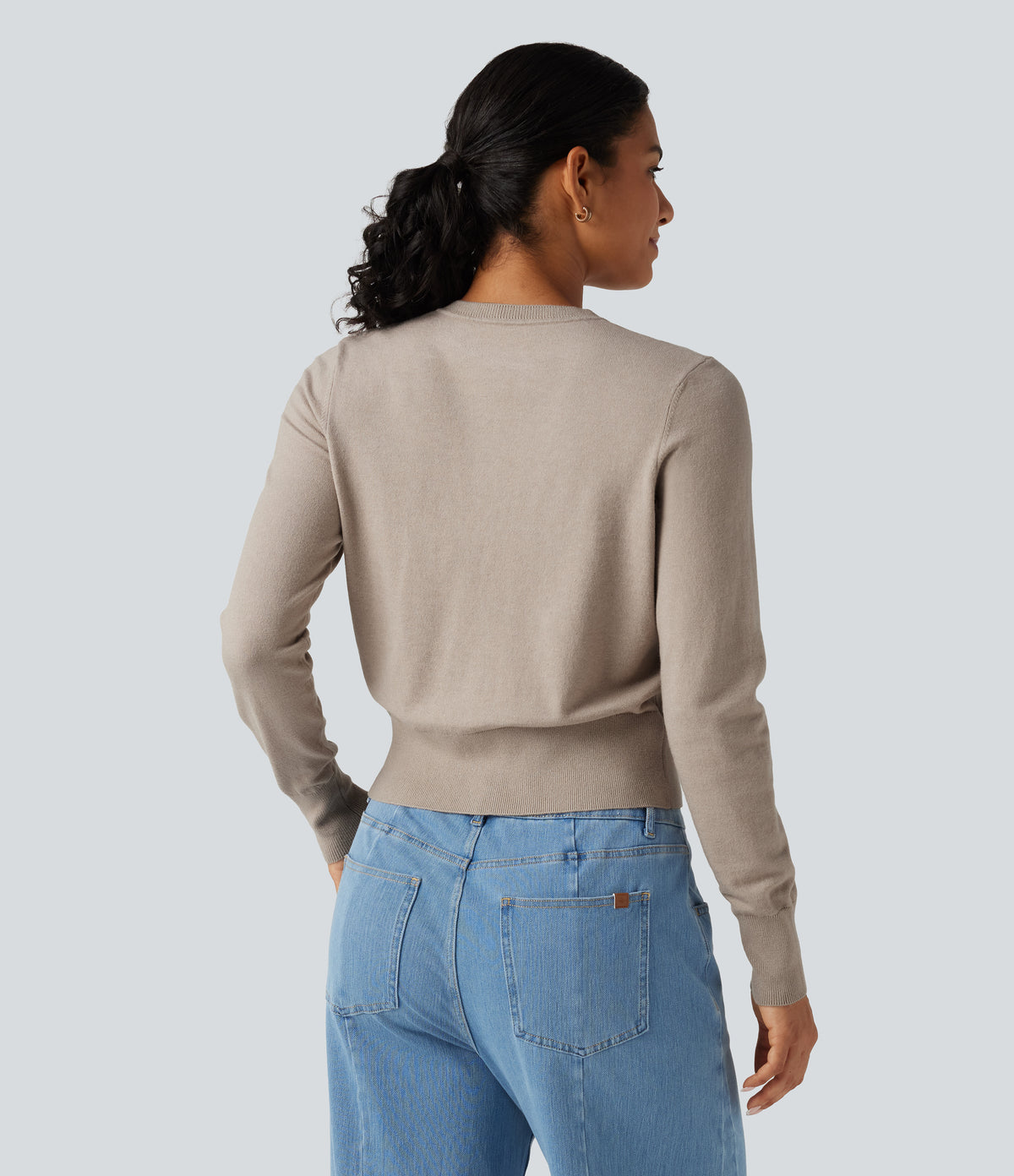 Round Neck Long Sleeve Button Fly Work Cardigan — Pale Khaki — view 2