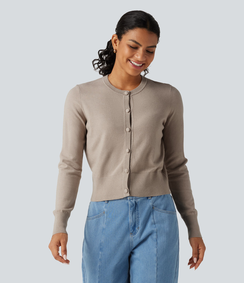 Round Neck Long Sleeve Button Fly Work Cardigan — Pale Khaki — view 1