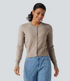 Round Neck Long Sleeve Button Fly Work Cardigan — Pale Khaki — view 1