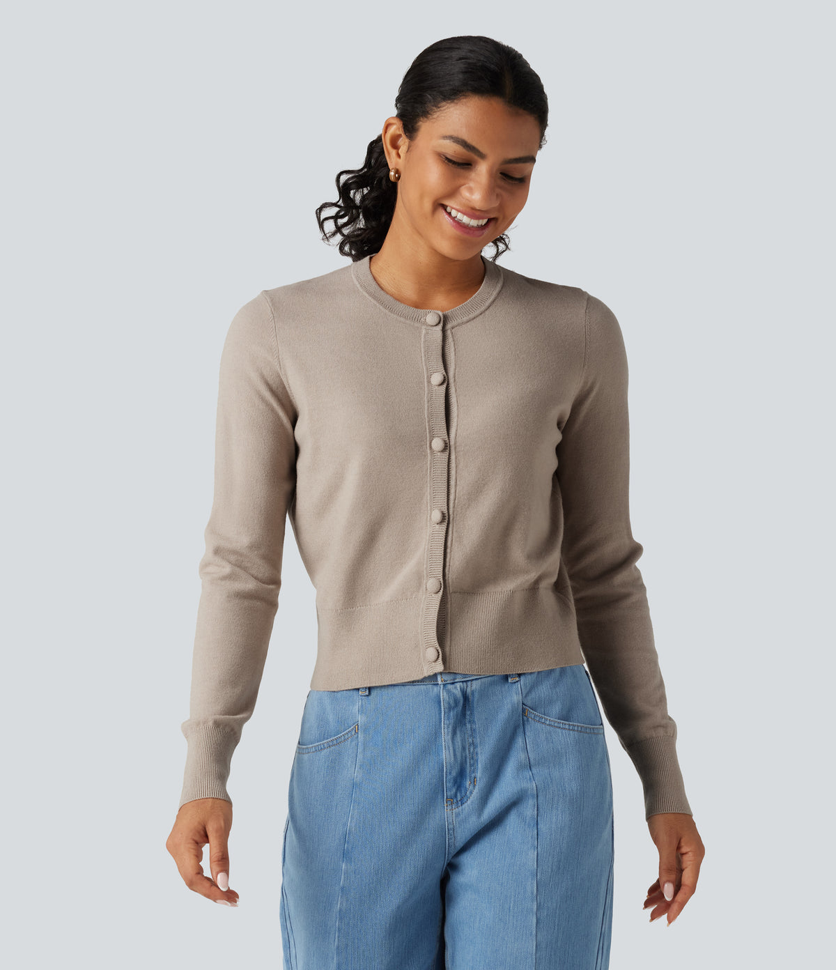Round Neck Long Sleeve Button Fly Work Cardigan — Pale Khaki — view 1