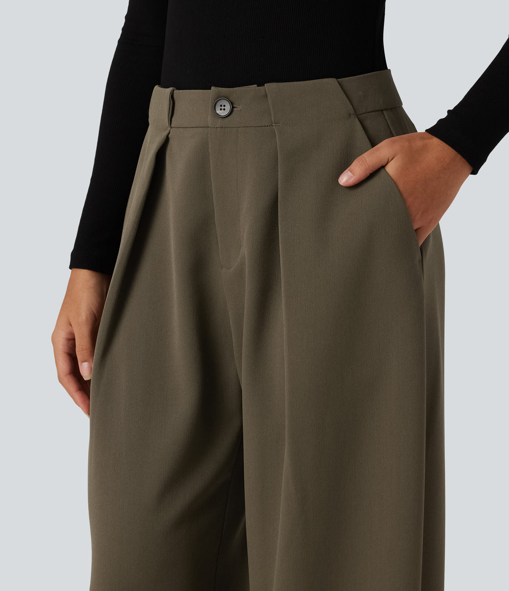 High Waisted Barrel Leg Work Pants with Pockets — Forest Wild Brown — view 4