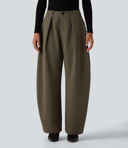 High Waisted Barrel Leg Work Pants with Pockets — Forest Wild Brown — view 1