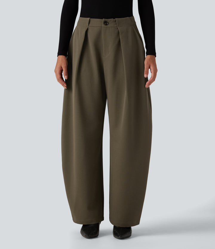 High Waisted Barrel Leg Work Pants with Pockets — Forest Wild Brown — view 1