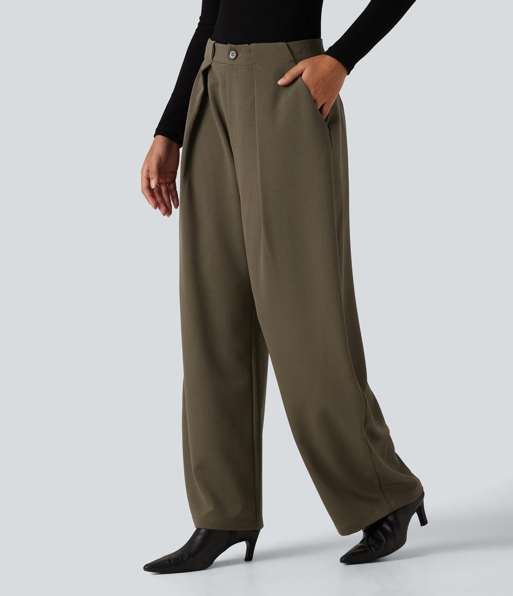 High Waisted Barrel Leg Work Pants with Pockets — Forest Wild Brown — view 2