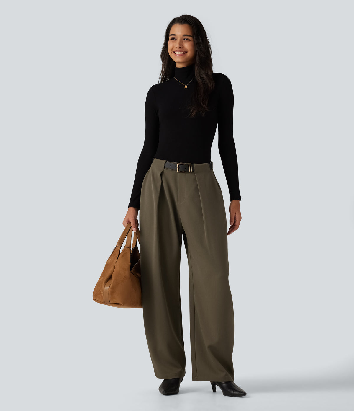 High Waisted Barrel Leg Work Pants with Pockets — Forest Wild Brown — view 6