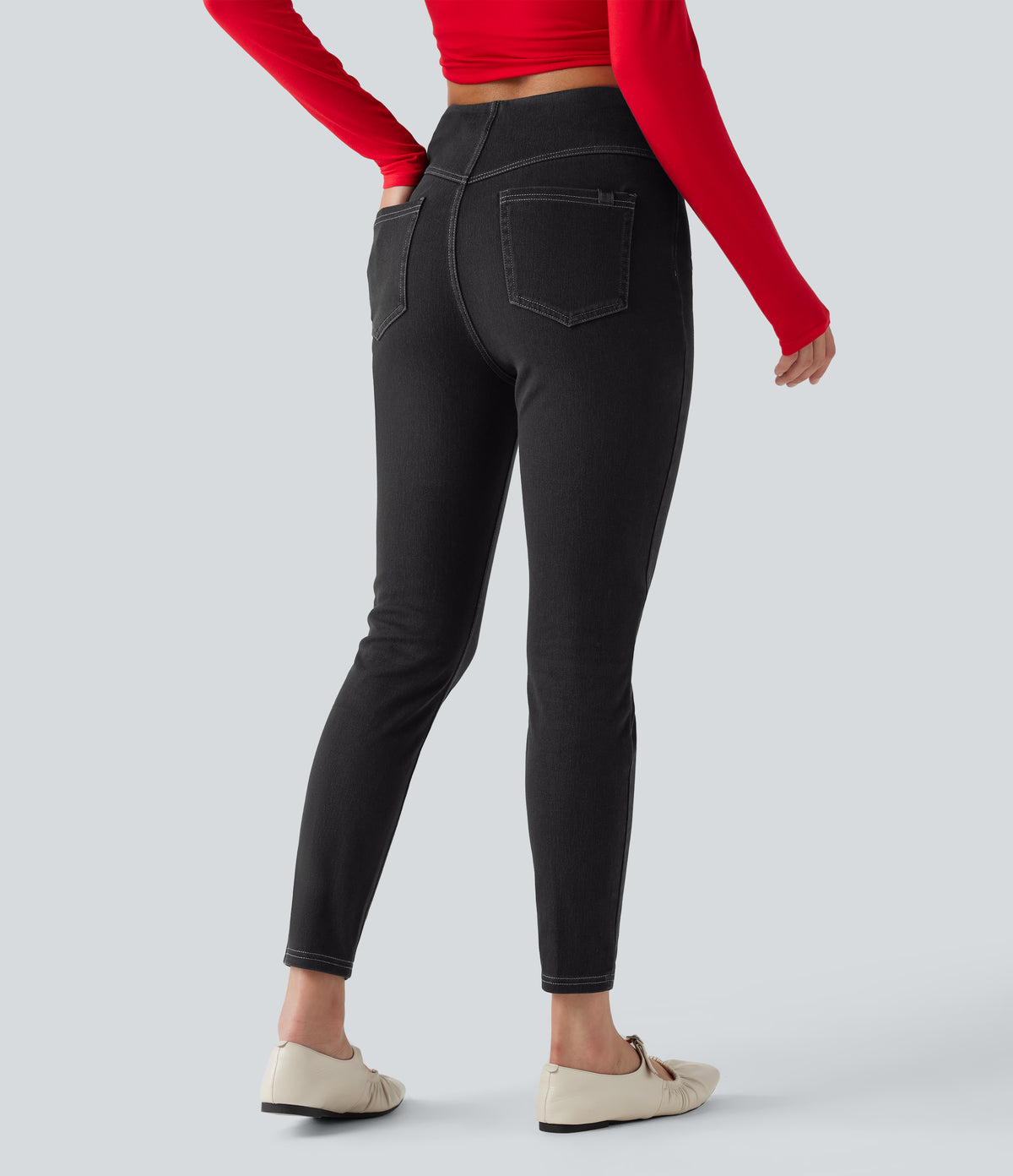 High Waisted Tummy Control Denim Casual Leggings with Pockets — Poppy Seed Denim — view 2