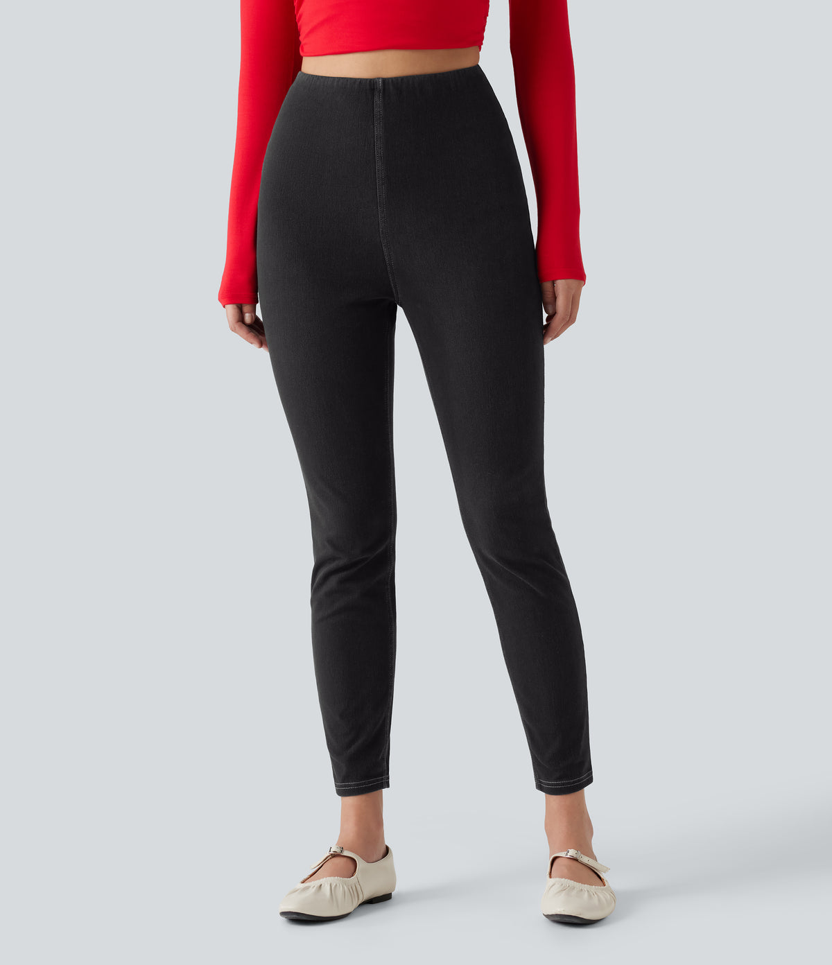 High Waisted Tummy Control Denim Casual Leggings with Pockets — Poppy Seed Denim — view 3