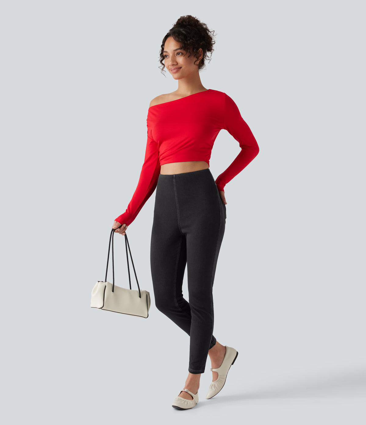 High Waisted Tummy Control Denim Casual Leggings with Pockets — Poppy Seed Denim — view 8