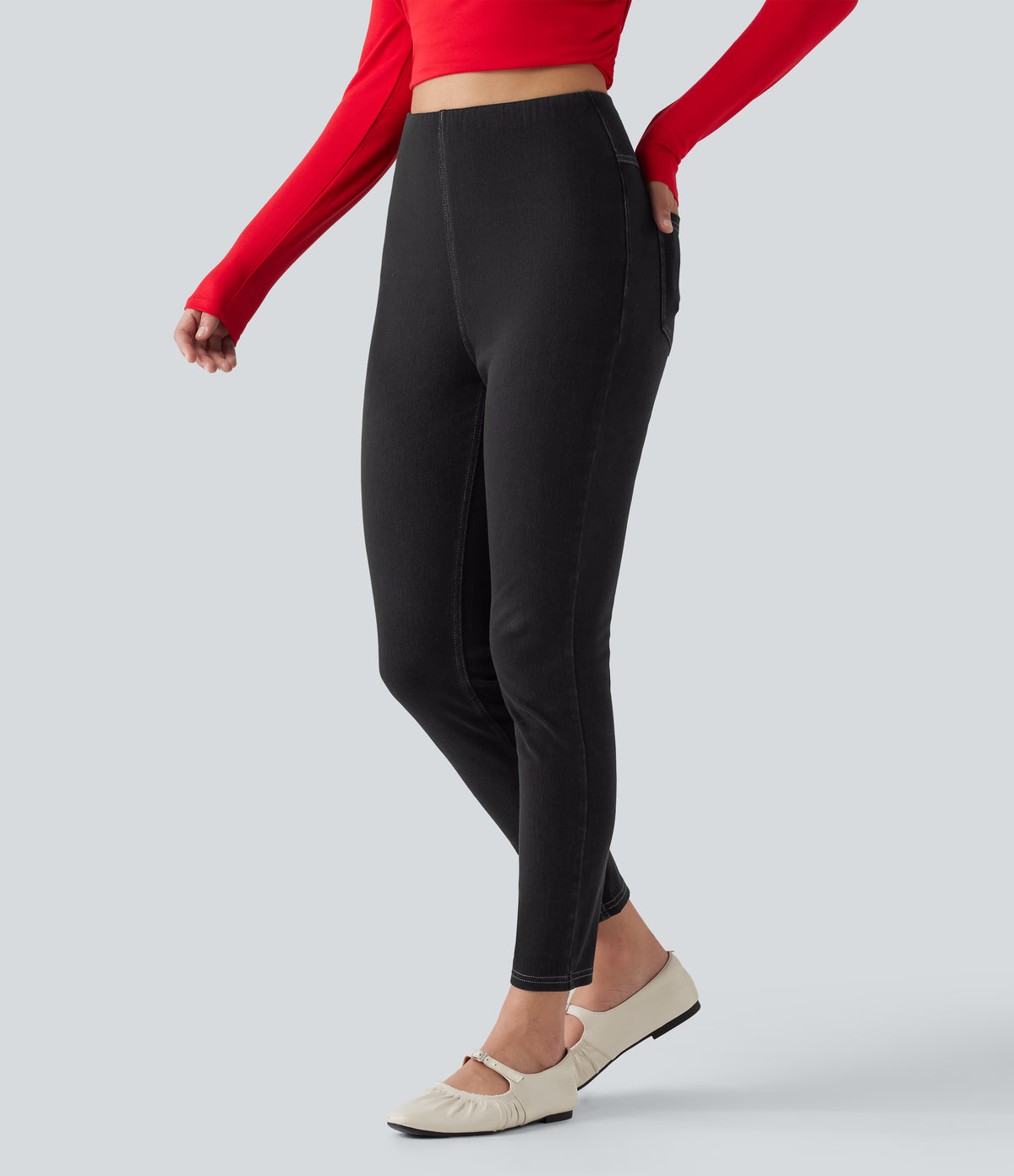 High Waisted Tummy Control Denim Casual Leggings with Pockets — Poppy Seed Denim — view 4