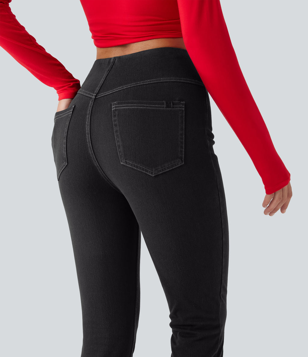 High Waisted Tummy Control Denim Casual Leggings with Pockets — Poppy Seed Denim — view 6