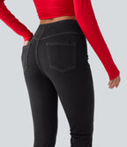 High Waisted Tummy Control Denim Casual Leggings with Pockets — Poppy Seed Denim — view 6