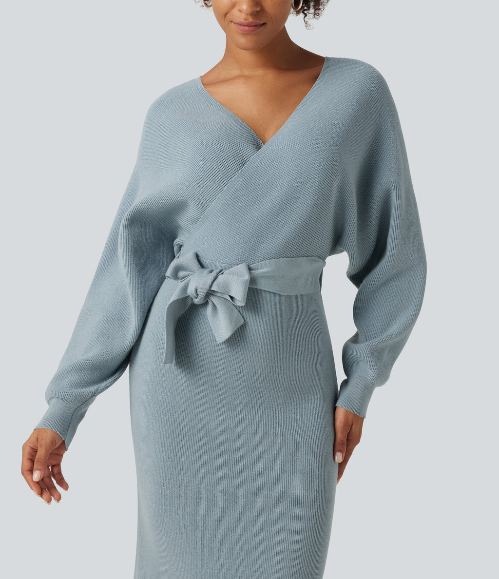 Crossover V Neck Batwing Long Sleeve Belted Midi Casual Sweater Dress — Citadel — view 4