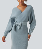 Crossover V Neck Batwing Long Sleeve Belted Midi Casual Sweater Dress — Citadel — view 4
