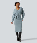 Crossover V Neck Batwing Long Sleeve Belted Midi Casual Sweater Dress — Citadel — view 1