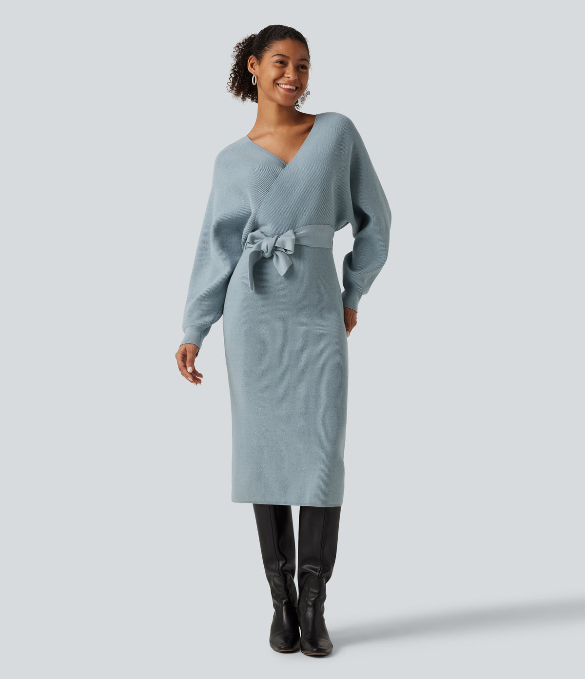 Crossover V Neck Batwing Long Sleeve Belted Midi Casual Sweater Dress — Citadel — view 1